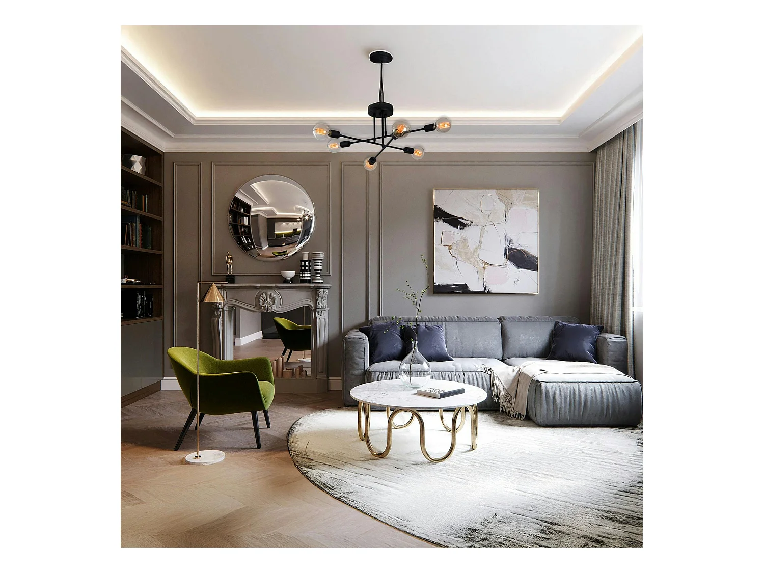 Plafonnier design noir mat, 6 lampes sur tiges MARATEA