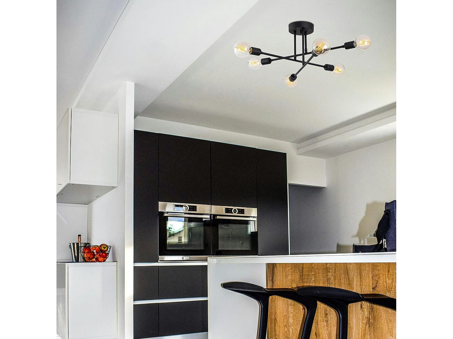 Plafonnier design noir mat, 6 lampes sur tiges MARATEA