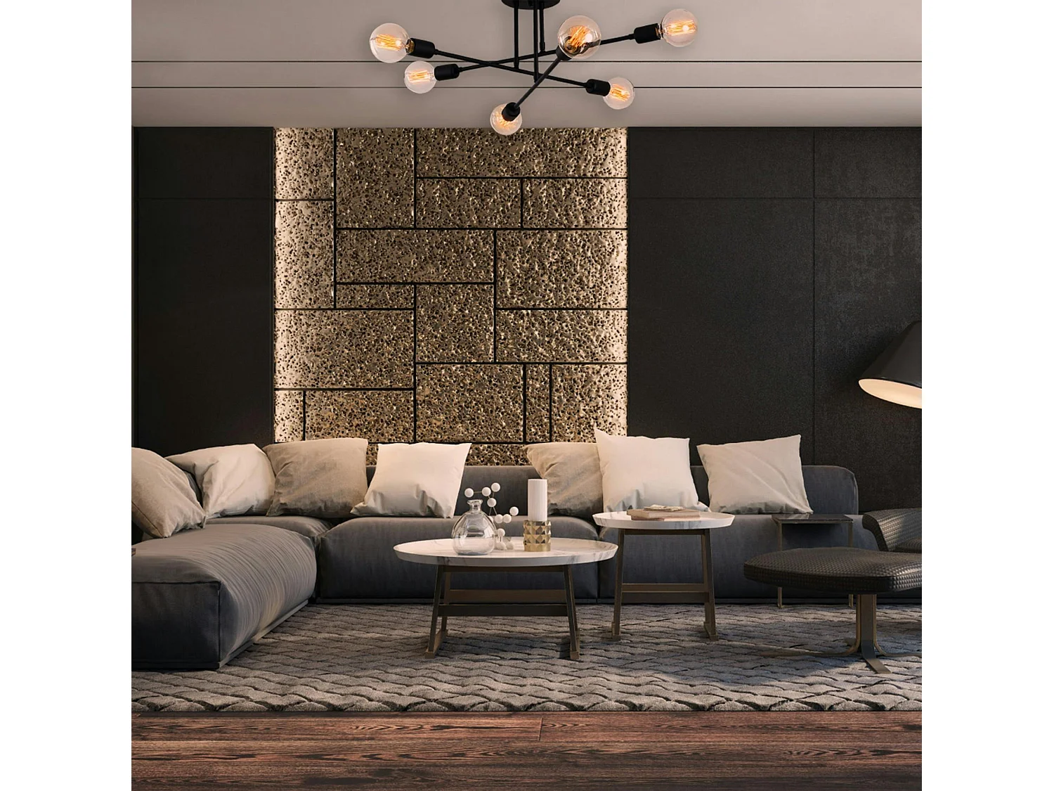 Plafonnier design noir mat, 6 lampes sur tiges MARATEA