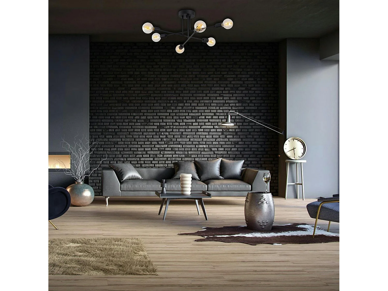 Plafonnier design noir mat, 6 lampes sur tiges MARATEA