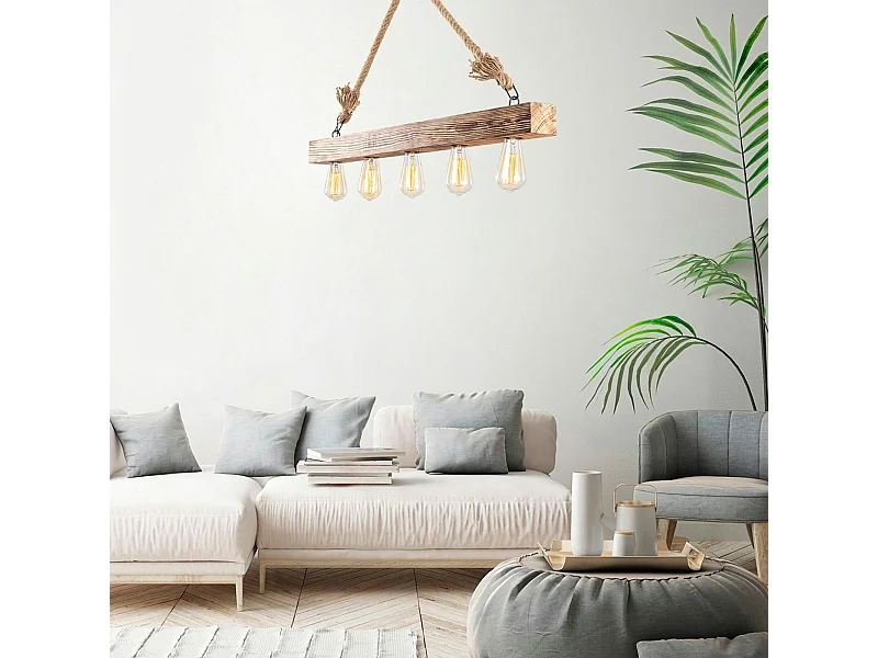 Suspension industrielle bois & corde - 5 ampoules CAMOGLI