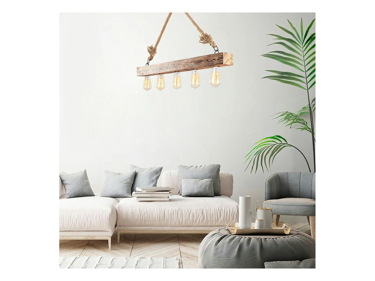 Suspension industrielle bois & corde - 5 ampoules CAMOGLI