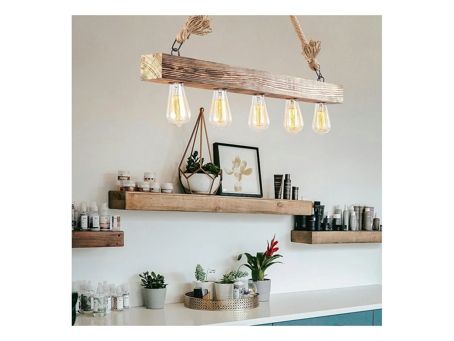 Suspension industrielle bois & corde - 5 ampoules CAMOGLI