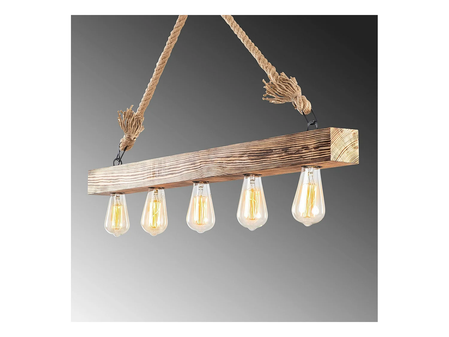 Suspension industrielle bois & corde - 5 ampoules CAMOGLI