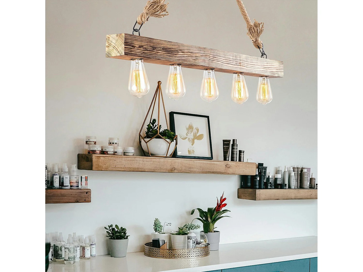 Suspension industrielle bois & corde - 5 ampoules CAMOGLI