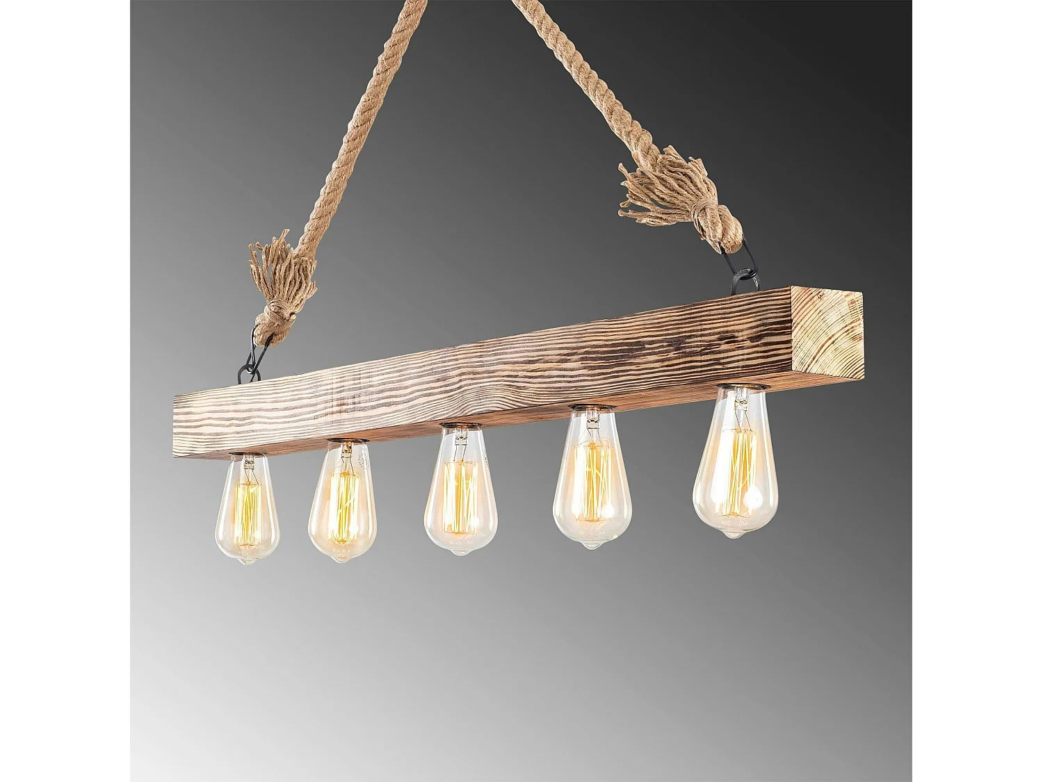 Suspension industrielle bois & corde - 5 ampoules CAMOGLI