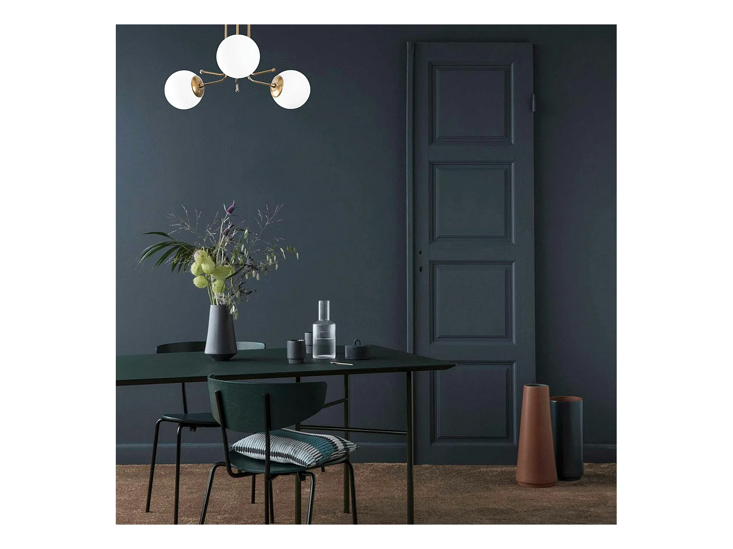 Plafonnier vintage métal doré 3 globes verre dépoli SIERRE