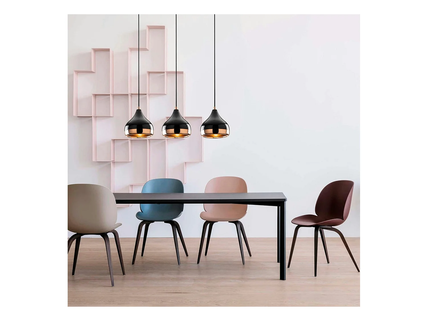 Suspension de table noire et cuivre, 3 abat-jour SILE