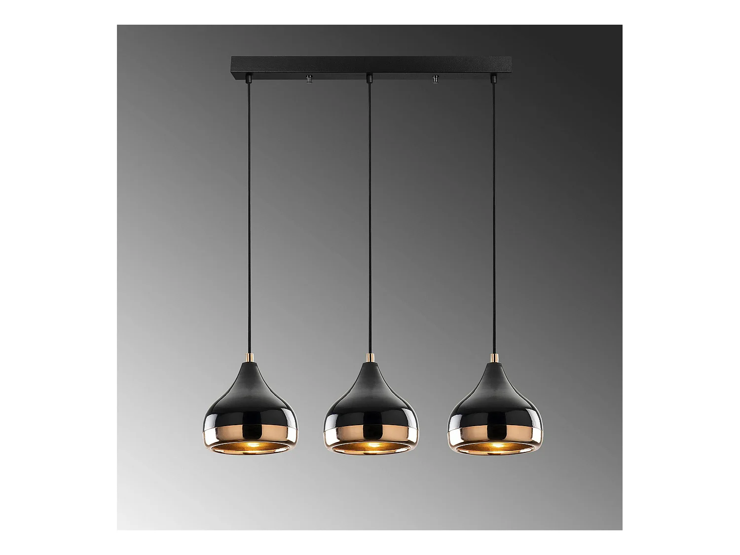 Suspension de table noire et cuivre, 3 abat-jour SILE