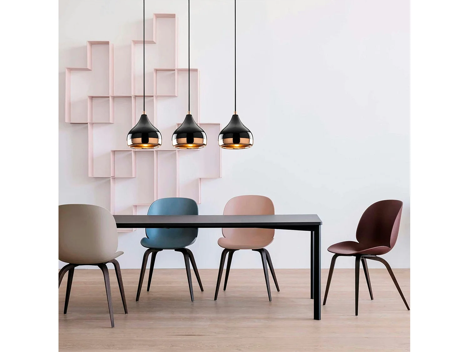 Suspension de table noire et cuivre, 3 abat-jour SILE