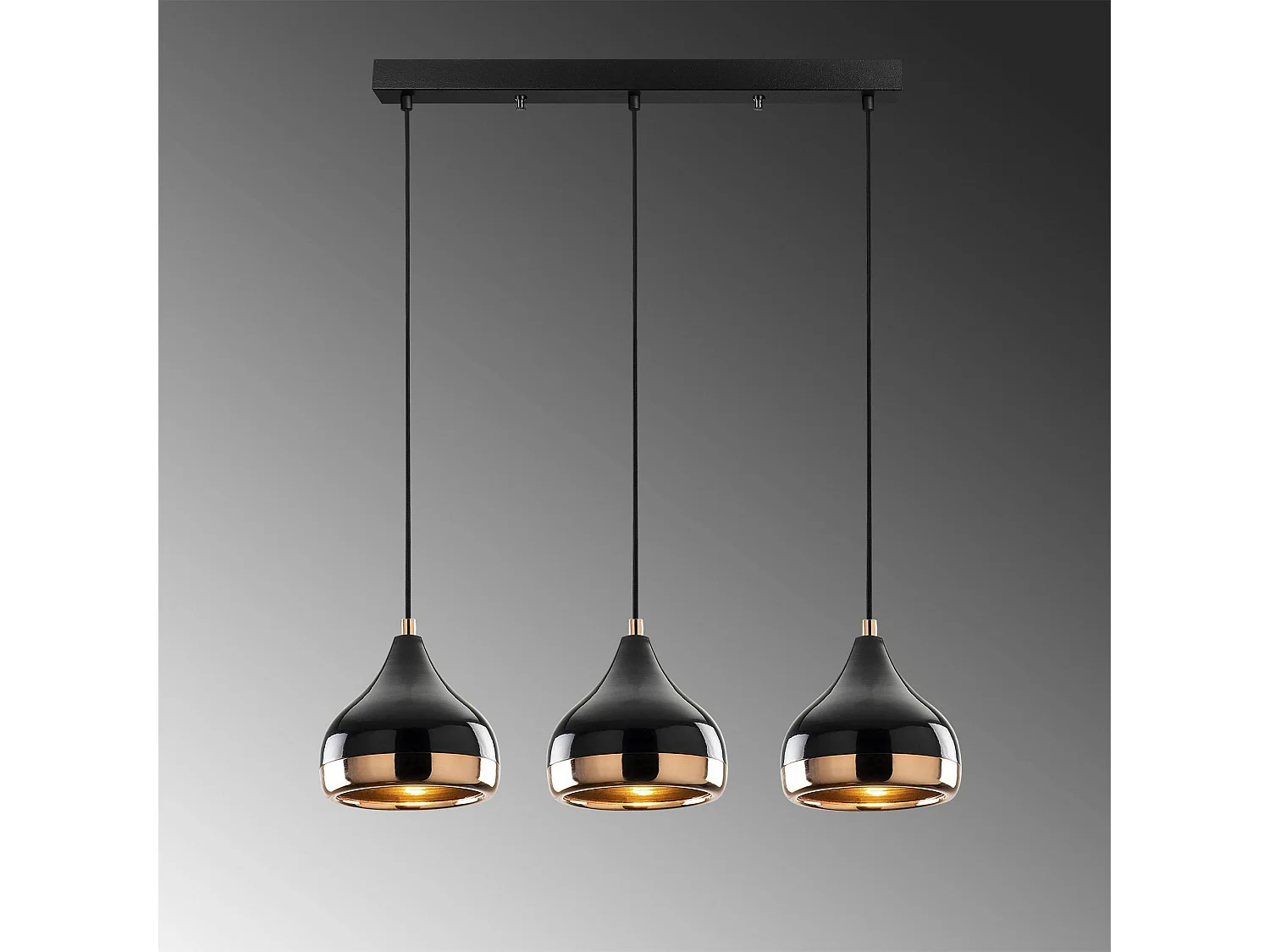 Suspension de table noire et cuivre, 3 abat-jour SILE