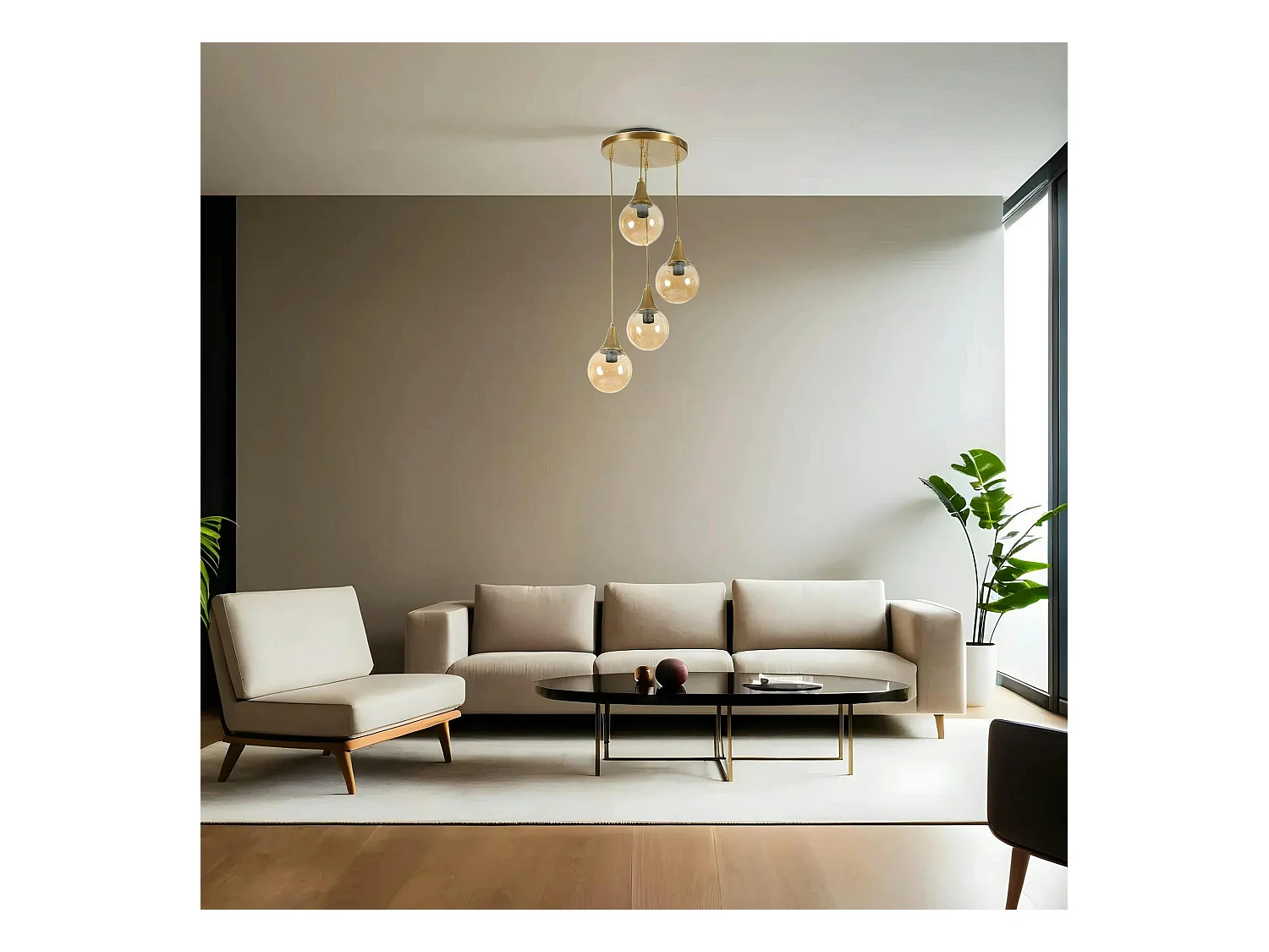 Suspension moderne dorée 4 globes verre ambré SIERRE