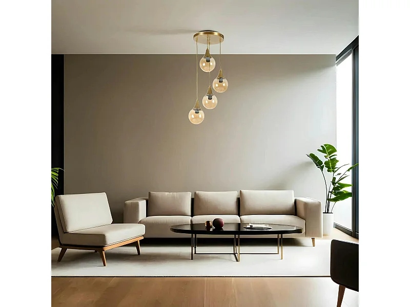 Suspension moderne dorée 4 globes verre ambré SIERRE