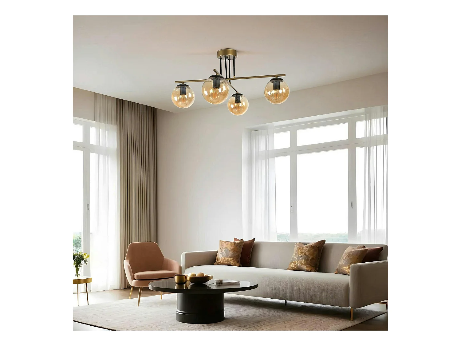 Plafonnier vintage doré 5 globes verre ambré SIERRE