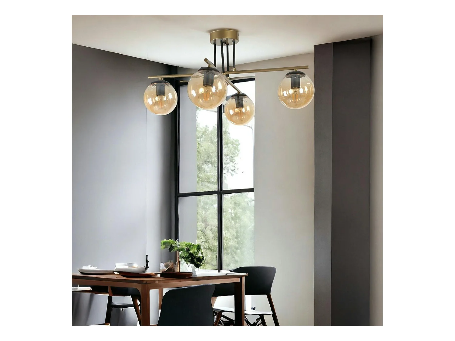 Plafonnier vintage doré 5 globes verre ambré SIERRE