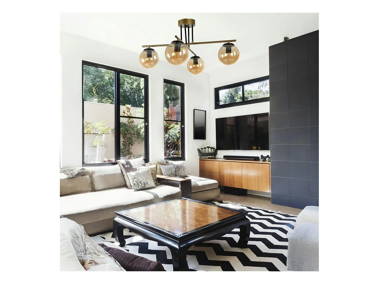 Plafonnier vintage doré 5 globes verre ambré SIERRE