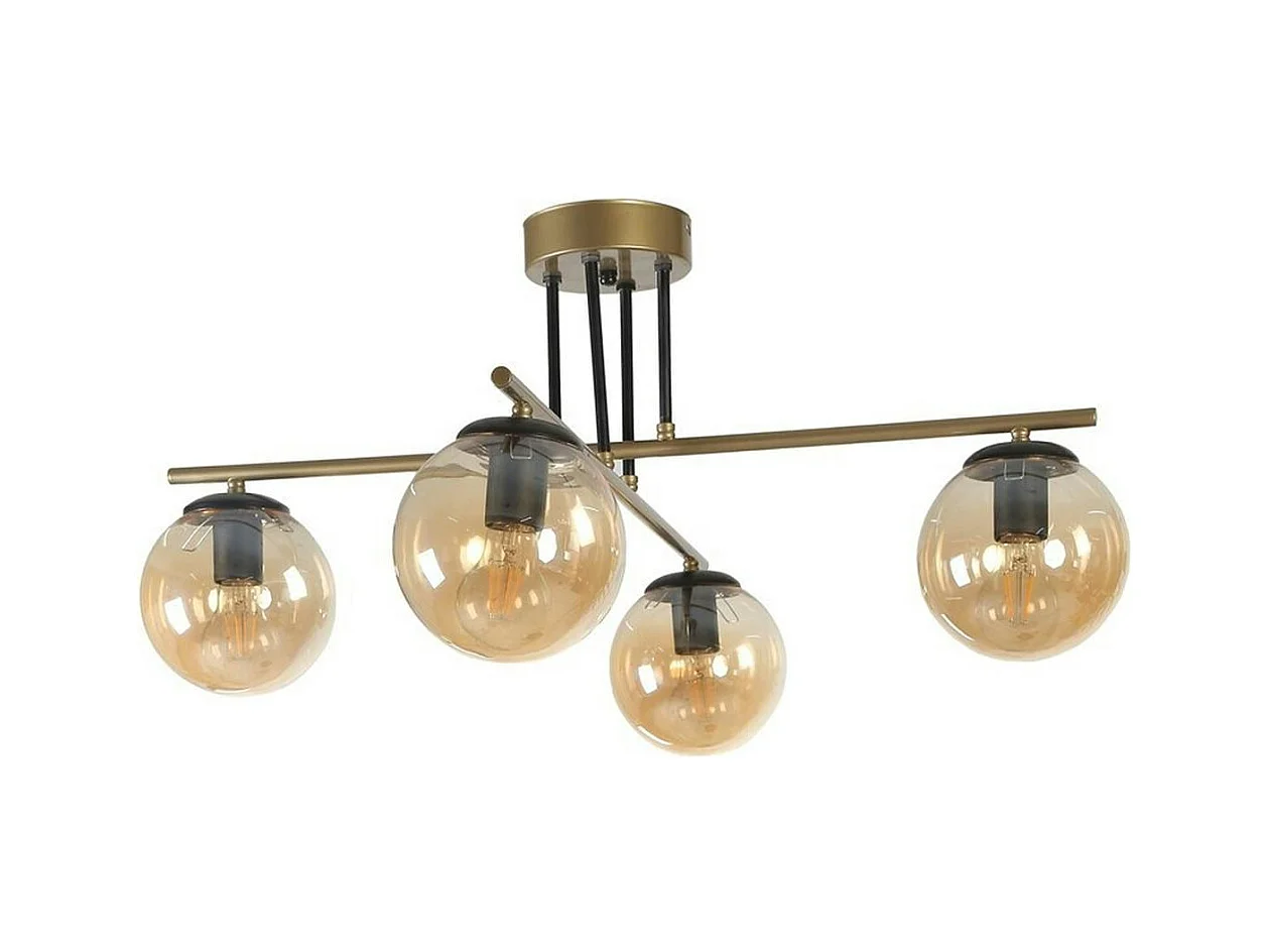 Plafonnier vintage doré 5 globes verre ambré SIERRE