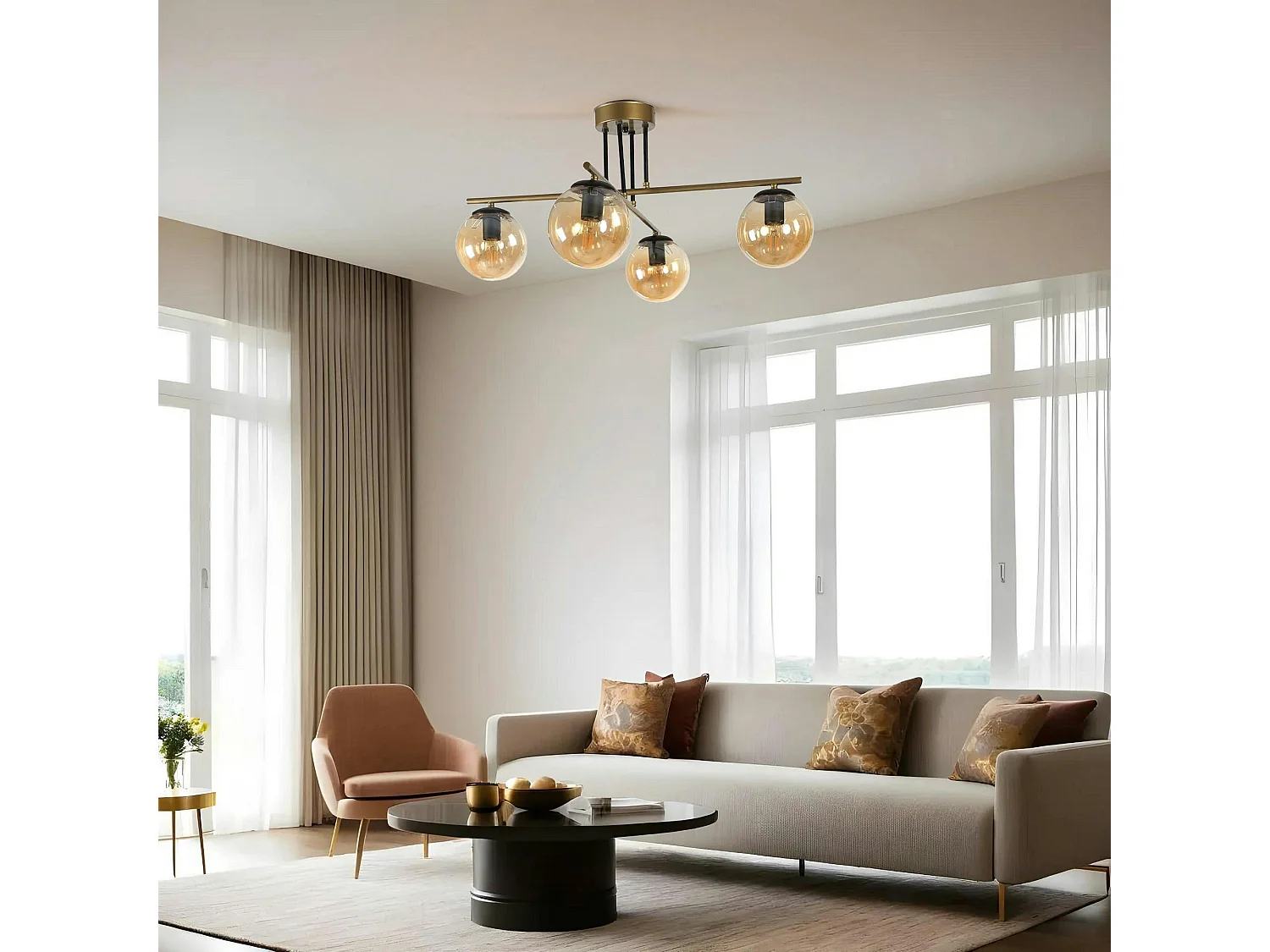 Plafonnier vintage doré 5 globes verre ambré SIERRE