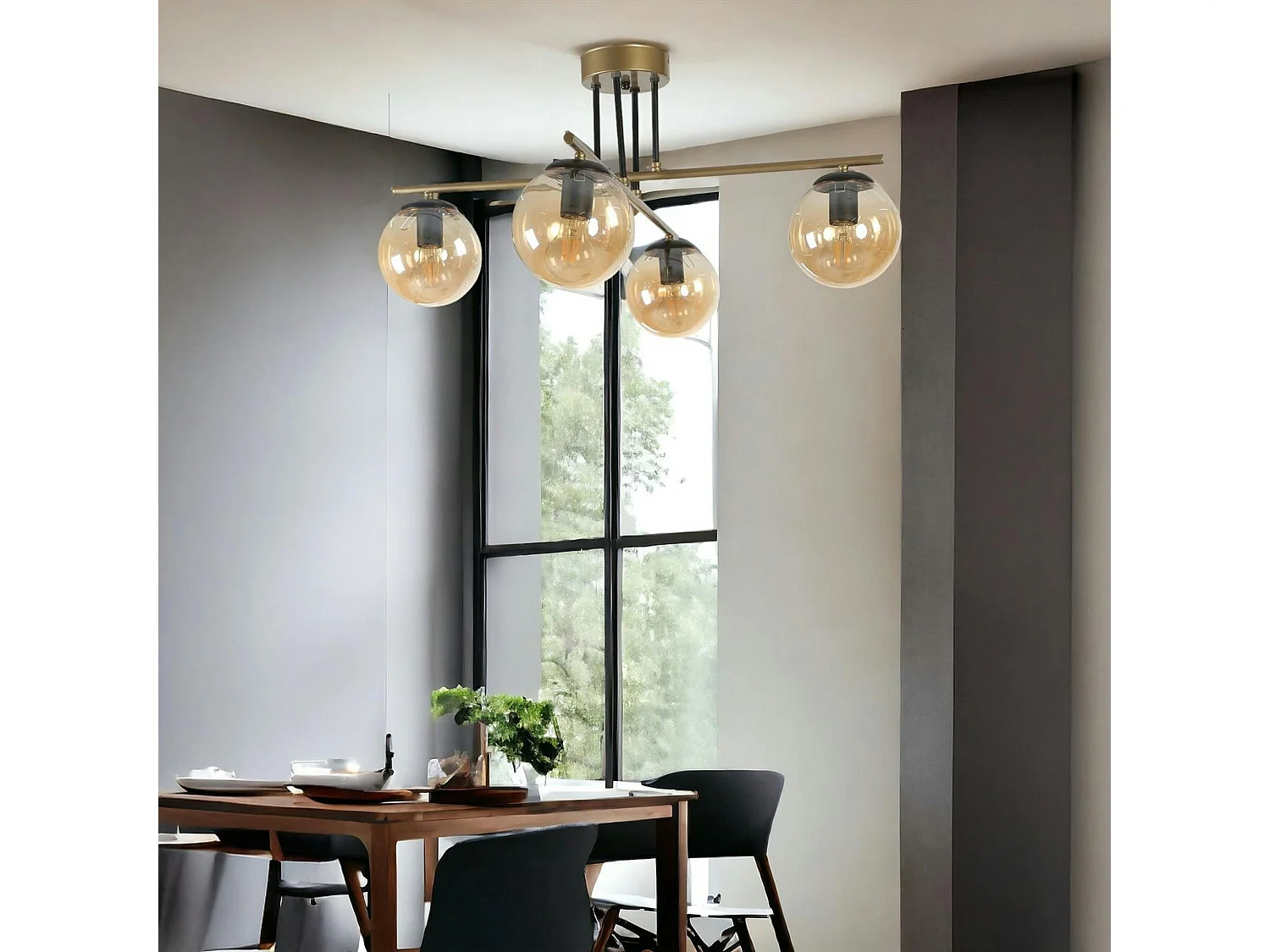 Plafonnier vintage doré 5 globes verre ambré SIERRE