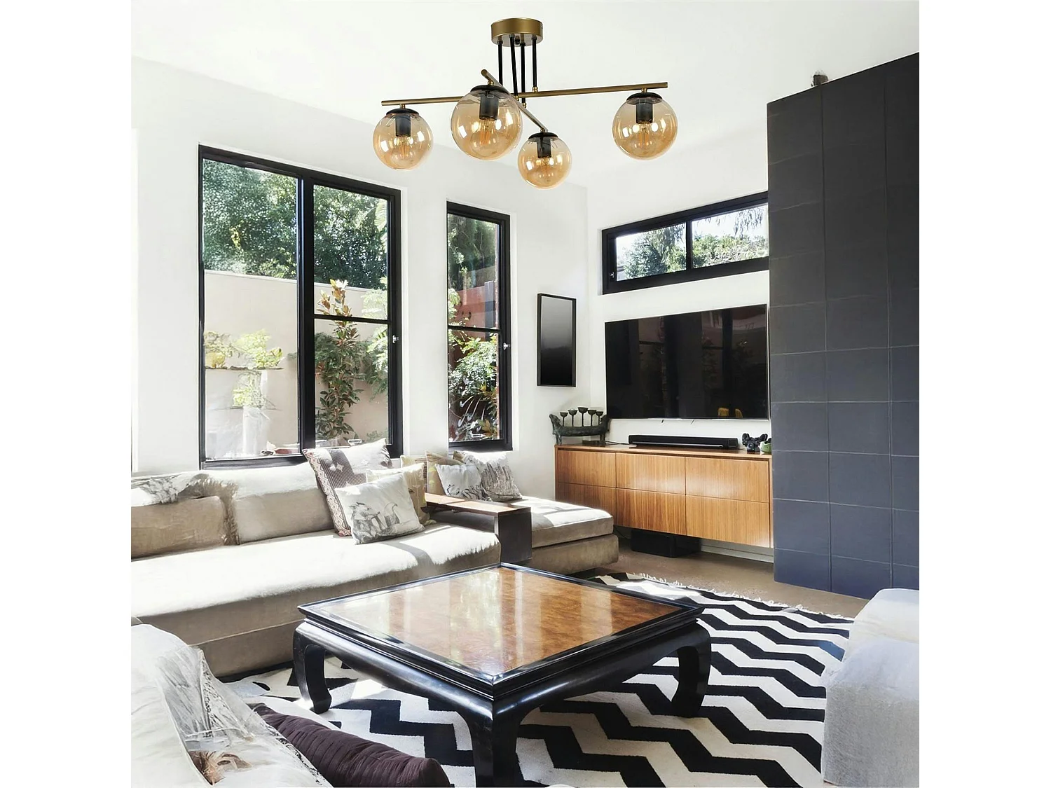 Plafonnier vintage doré 5 globes verre ambré SIERRE