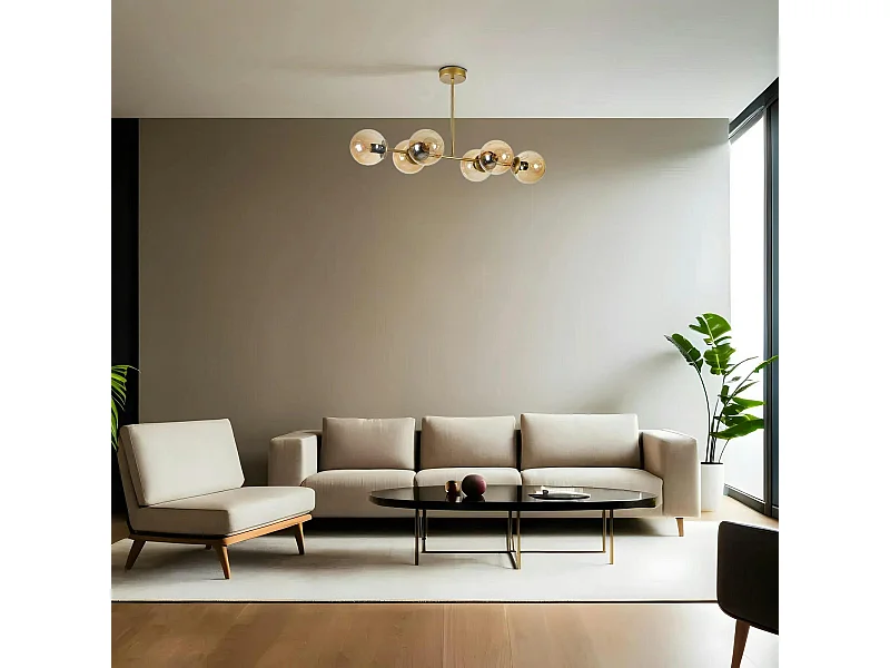 Suspension salle à manger vintage, 6 globes ambrés SIERRE