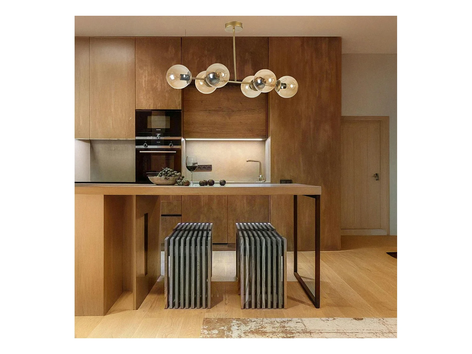 Suspension salle à manger vintage, 6 globes ambrés SIERRE