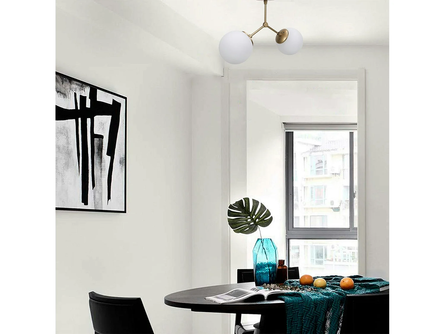 Plafonnier design métal doré 2 globes verre dépoli SIERRE