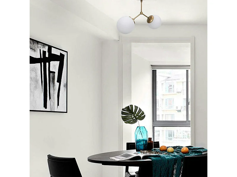 Plafonnier design métal doré 2 globes verre dépoli SIERRE