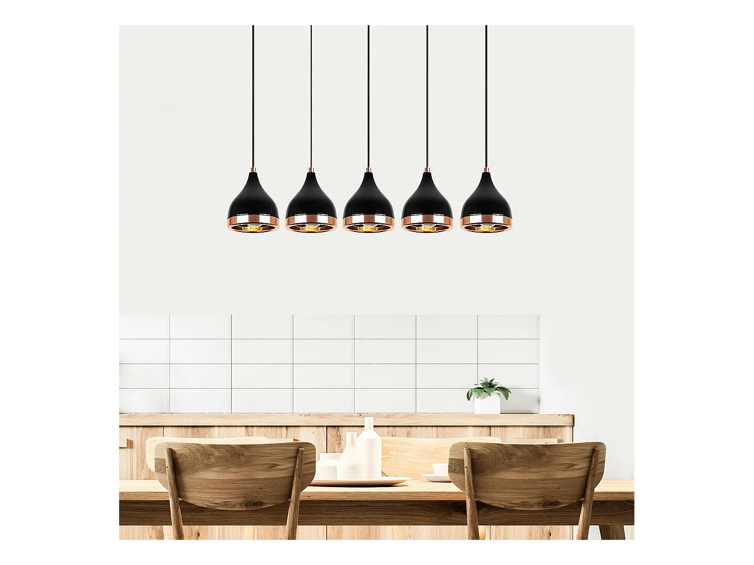 Suspension cuisine noire & cuivre, 5 abat-jour SILE