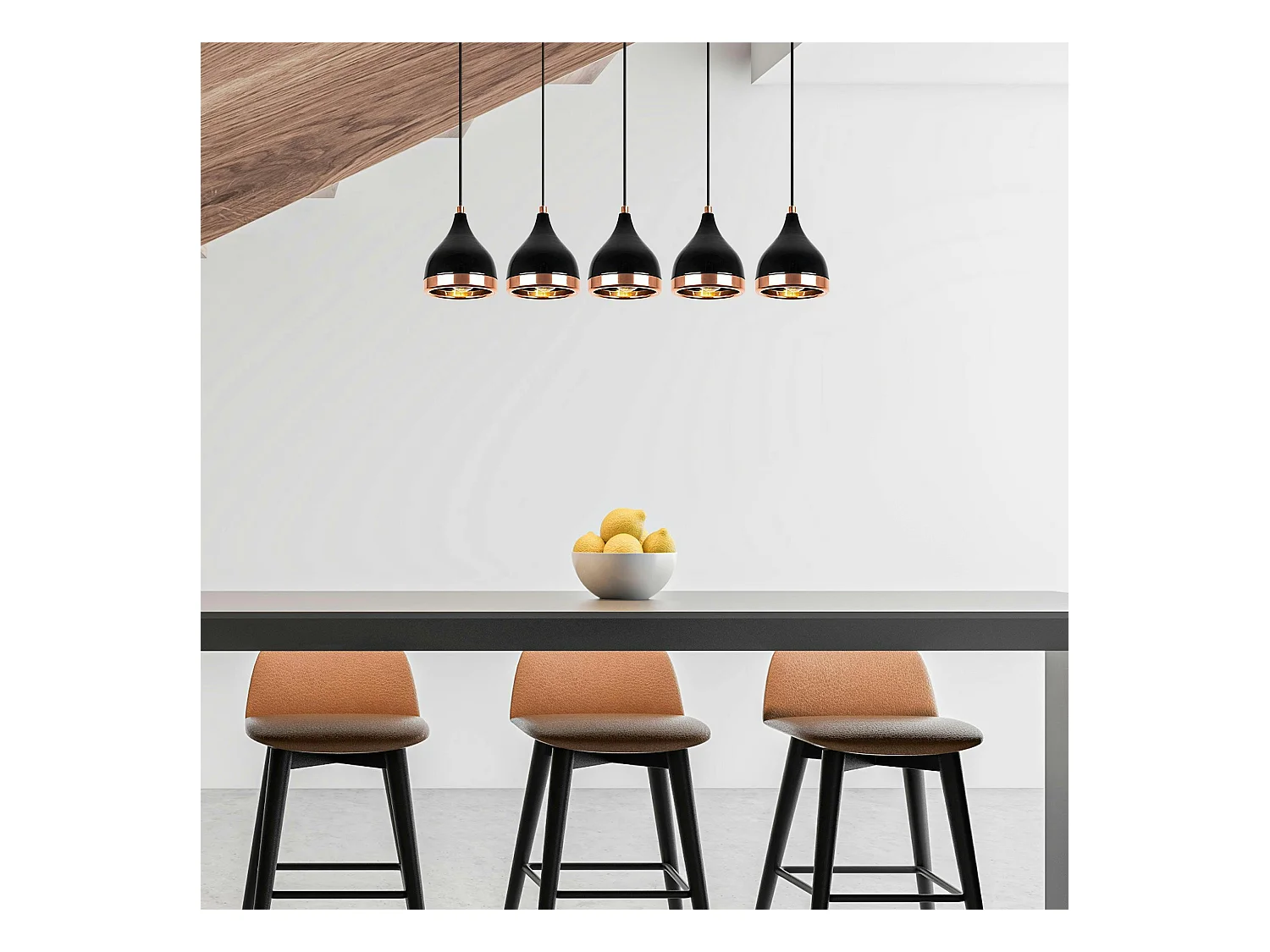 Suspension cuisine noire & cuivre, 5 abat-jour SILE