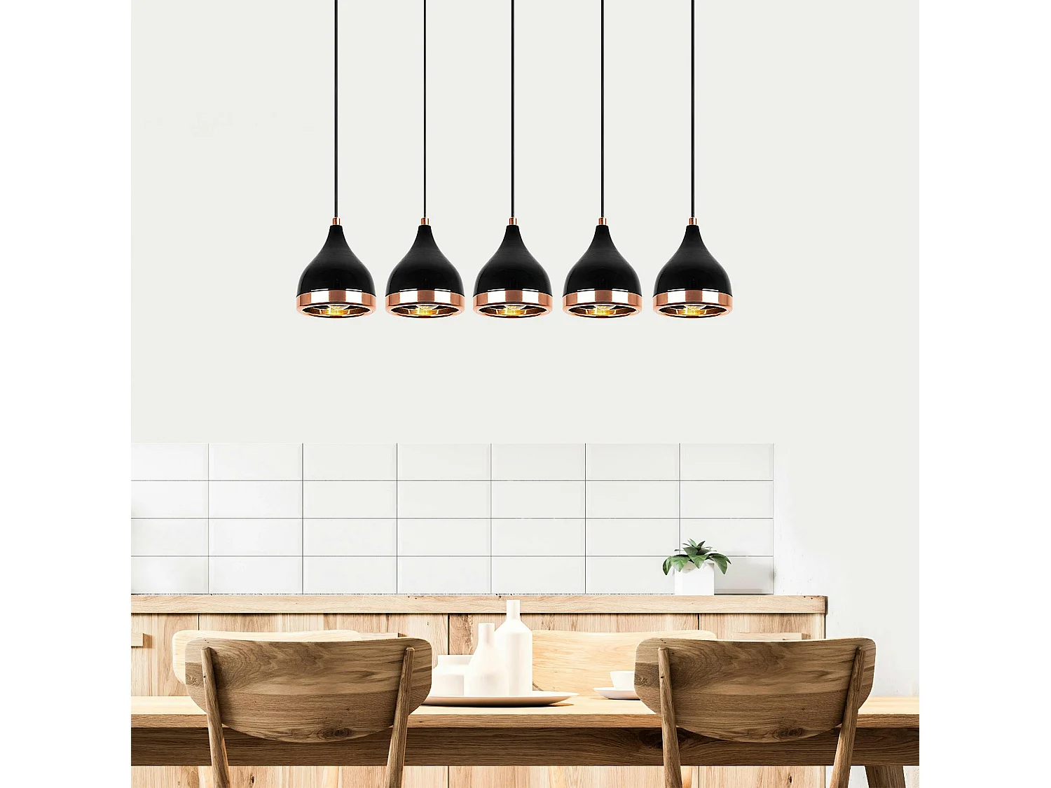 Suspension cuisine noire & cuivre, 5 abat-jour SILE