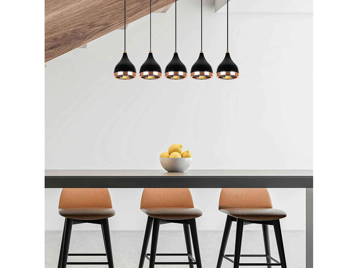 Suspension cuisine noire & cuivre, 5 abat-jour SILE