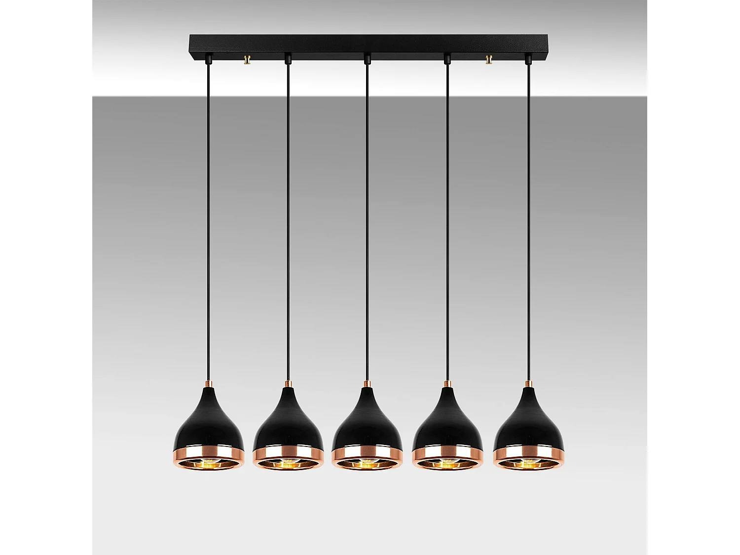 Suspension cuisine noire & cuivre, 5 abat-jour SILE