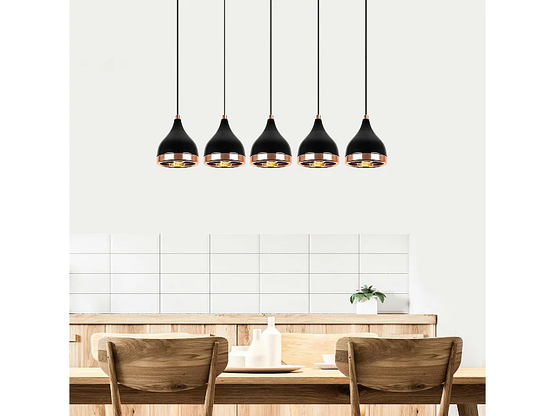Suspension cuisine noire & cuivre, 5 abat-jour SILE