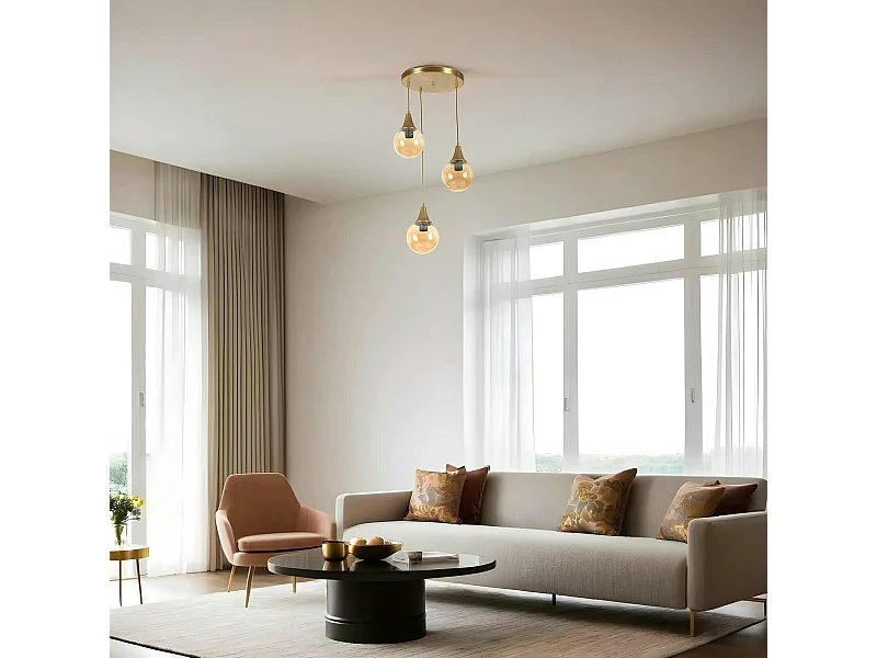Suspension moderne dorée 3 globes verre ambré SIERRE