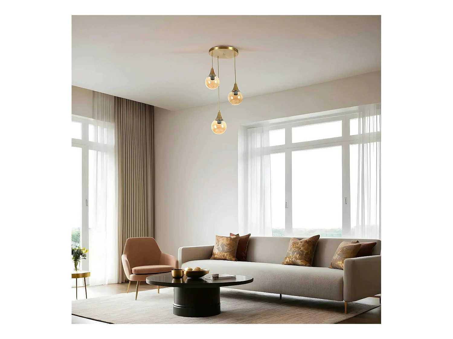 Suspension moderne dorée 3 globes verre ambré SIERRE