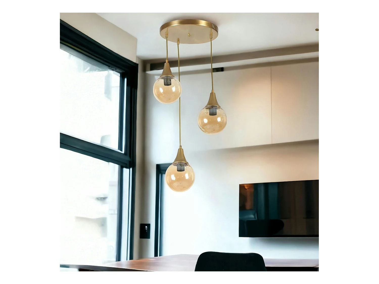 Suspension moderne dorée 3 globes verre ambré SIERRE