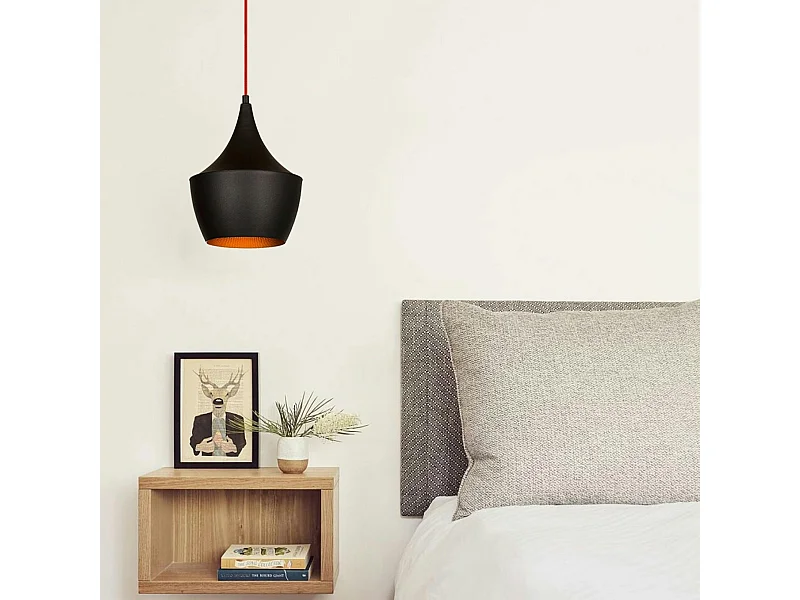Suspension moderne noire mate câble rouge, forme cloche SILE