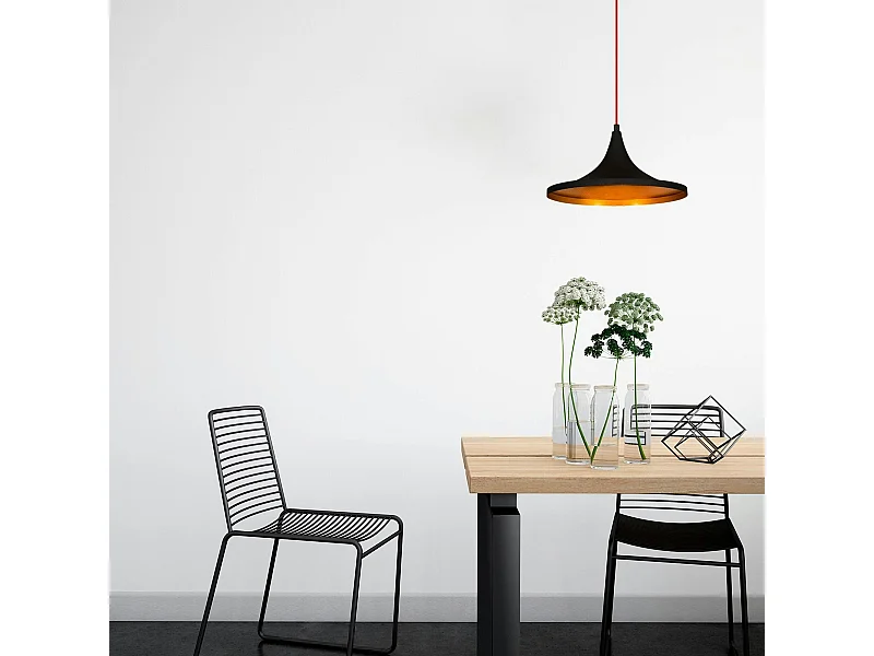 Suspension moderne noire mate câble rouge, forme évasée SILE