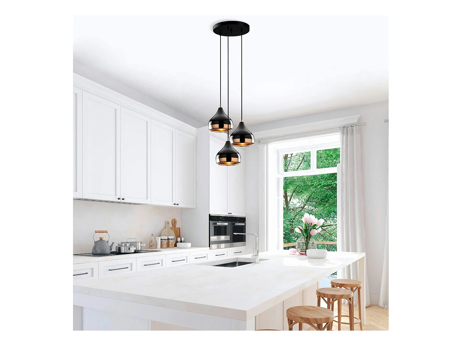 Suspension moderne noire et cuivre 3 abat-jour SILE