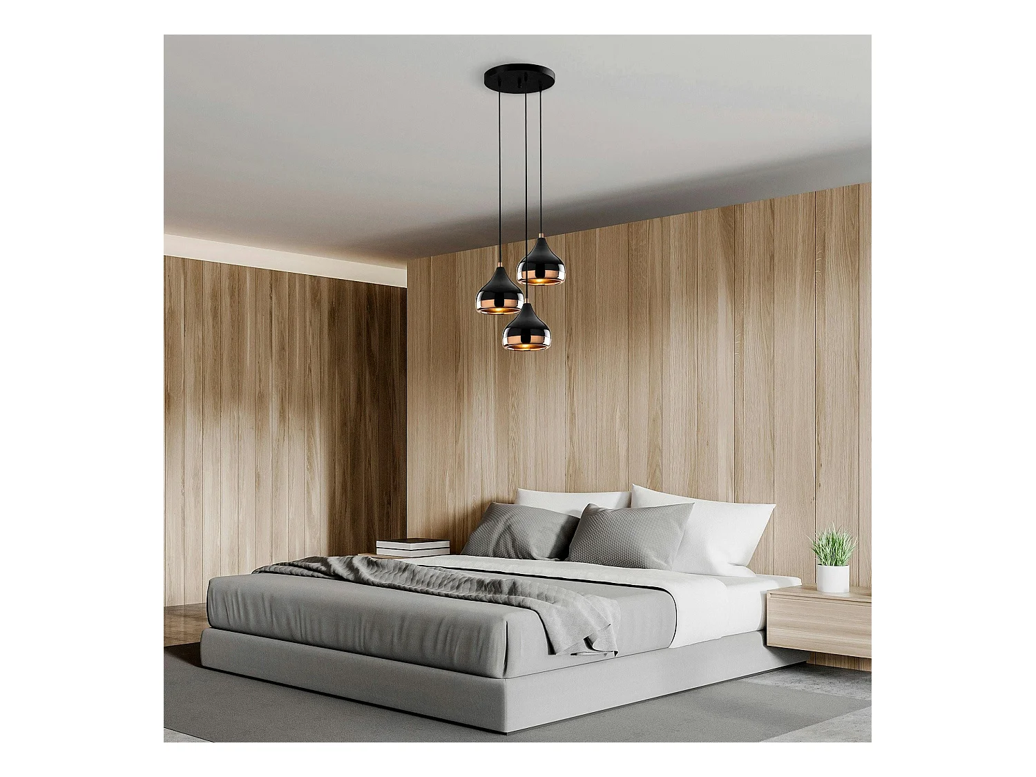 Suspension moderne noire et cuivre 3 abat-jour SILE