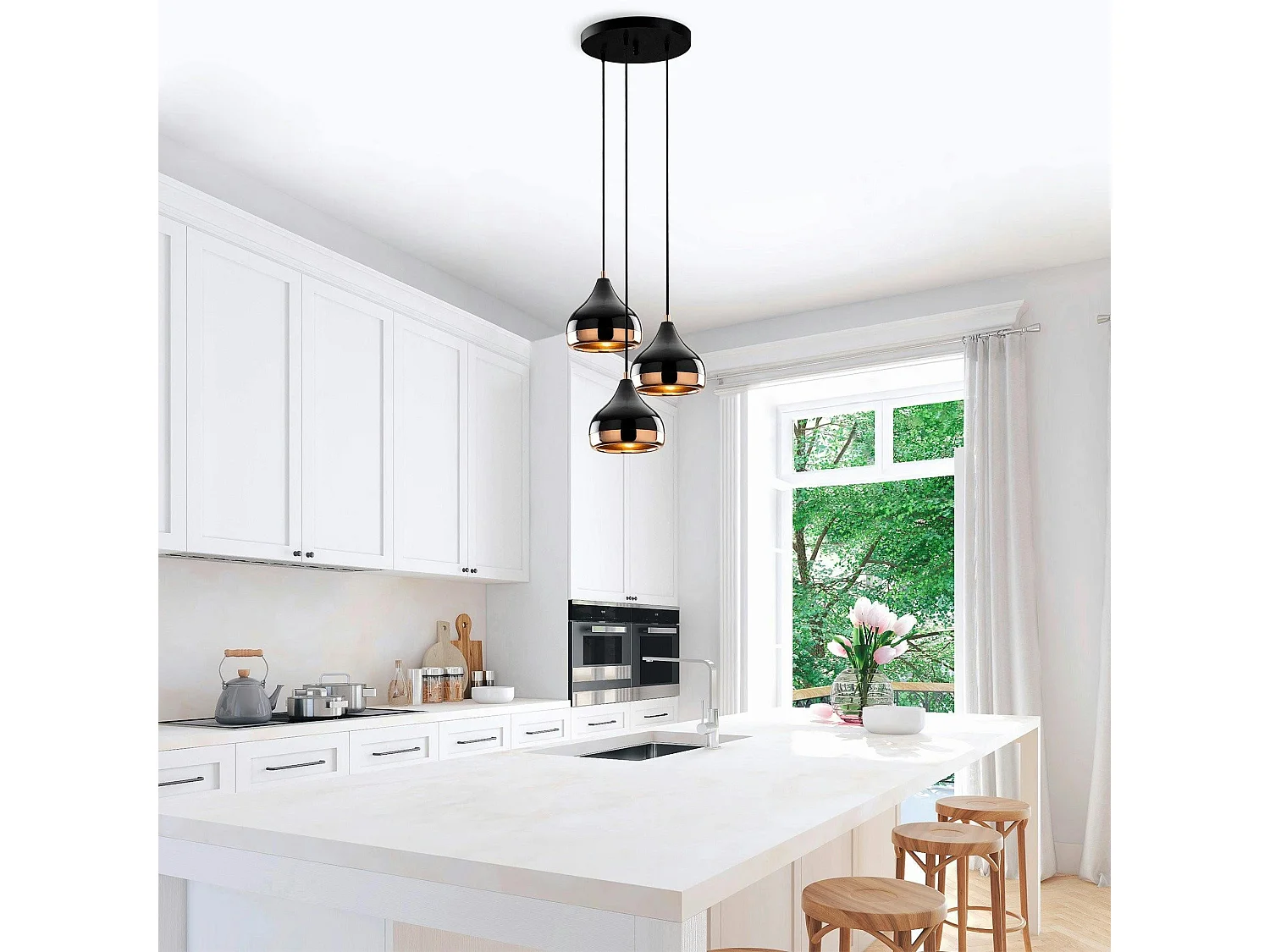 Suspension moderne noire et cuivre 3 abat-jour SILE