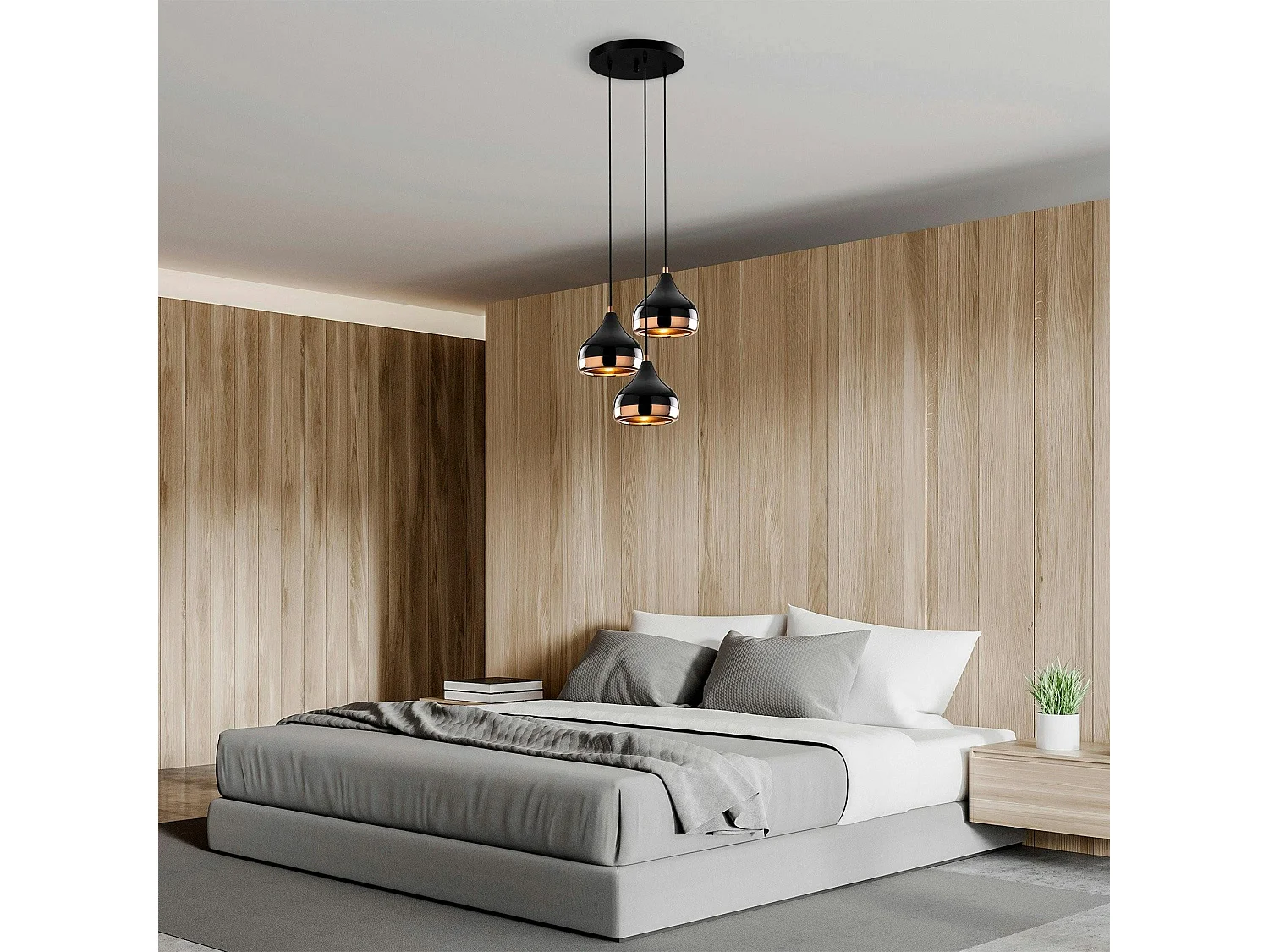 Suspension moderne noire et cuivre 3 abat-jour SILE