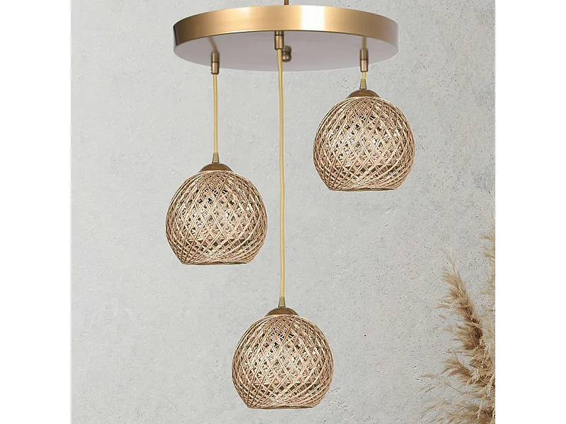 Suspension moderne 3 abat-jour tressés finition dorée AROSA