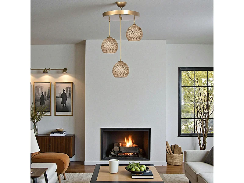 Suspension moderne 3 abat-jour tressés finition dorée AROSA