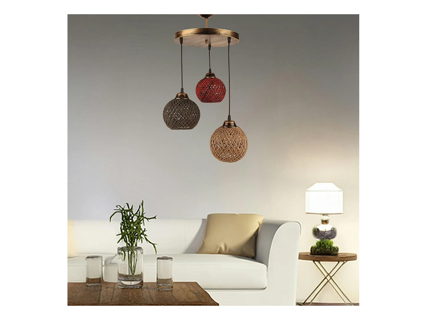 Suspension moderne 3 abat-jour tressés multicolores AROSA