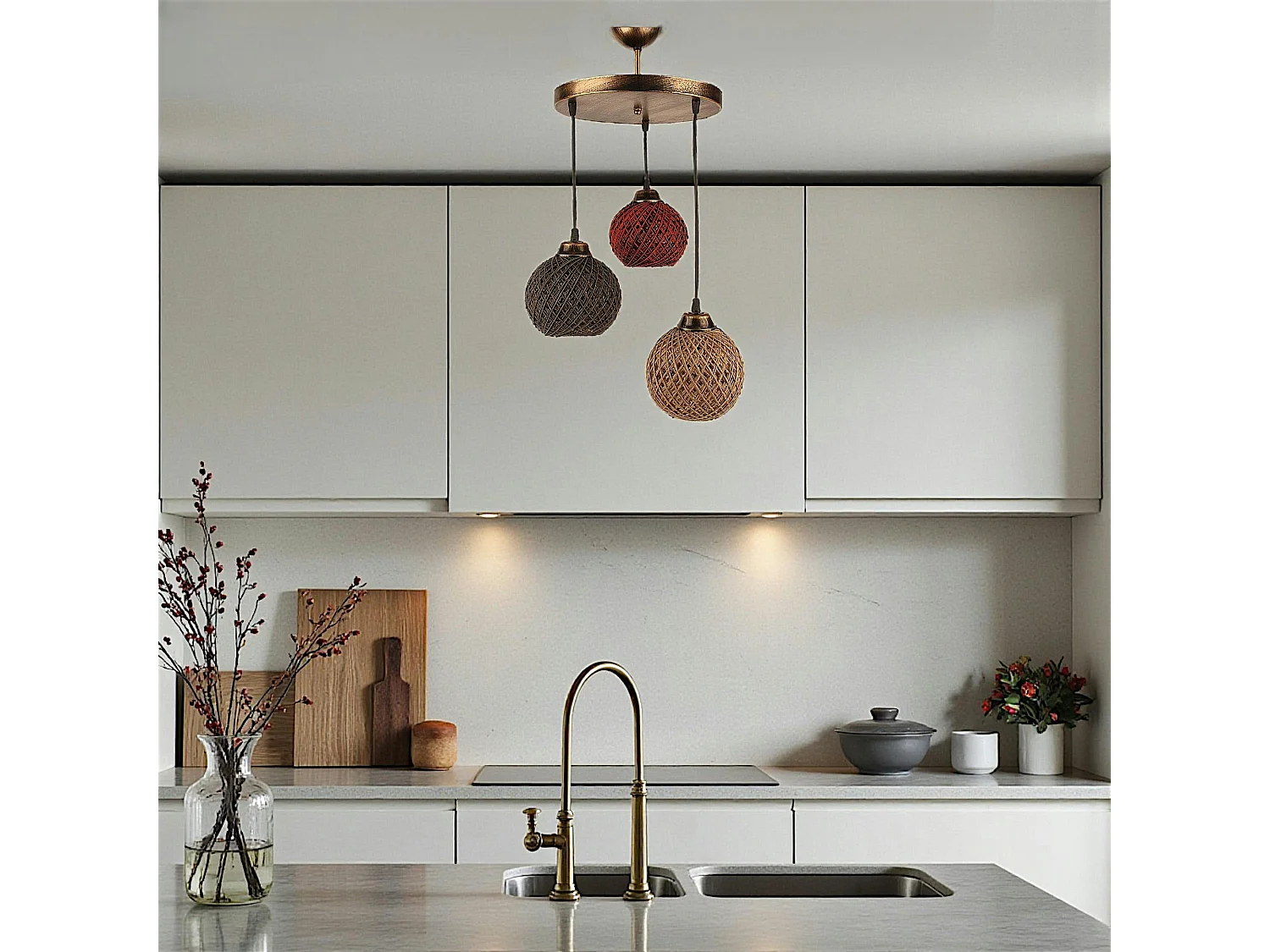 Suspension moderne 3 abat-jour tressés multicolores AROSA