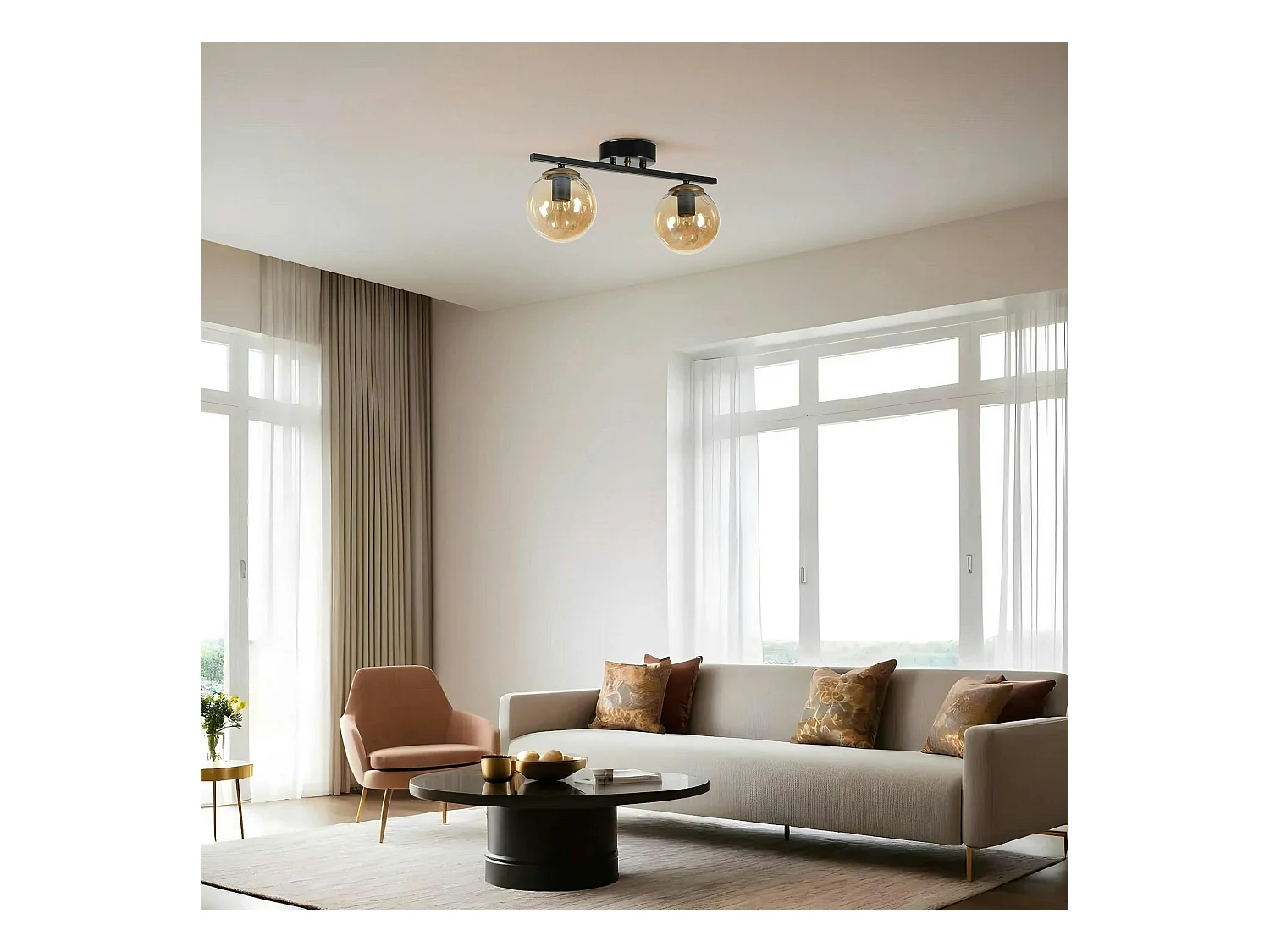 Plafonnier moderne métal noir 2 globes verre ambré SIERRE