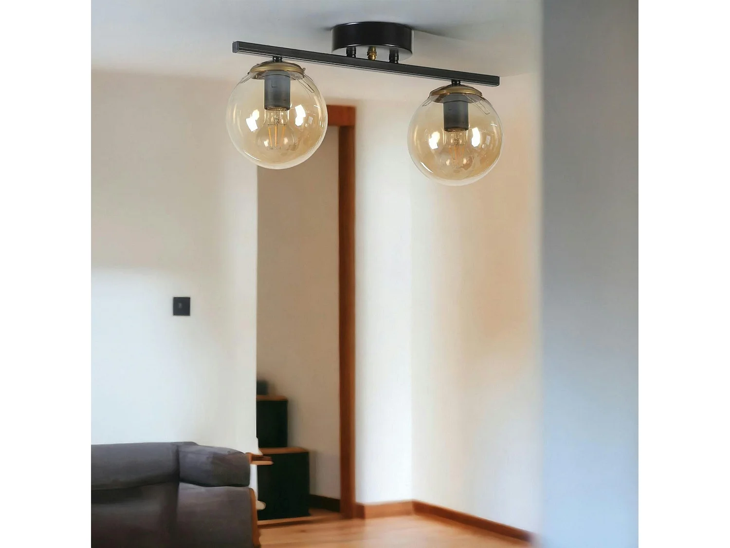 Plafonnier moderne métal noir 2 globes verre ambré SIERRE