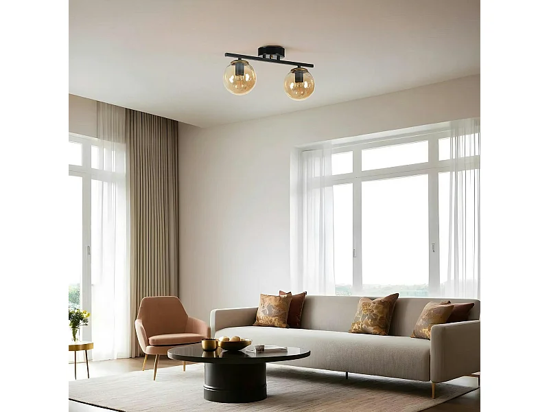 Plafonnier moderne métal noir 2 globes verre ambré SIERRE